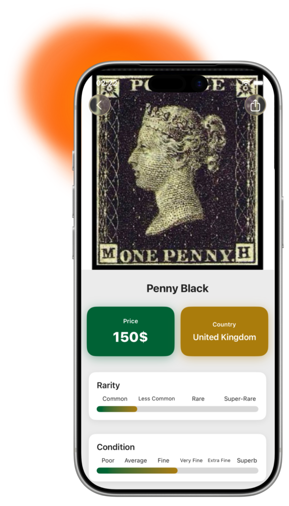 Stampy detail screen showing identification information for a Penny Black stamp